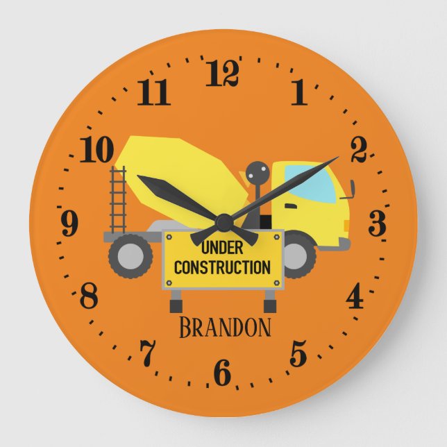 cool construction cement truck add name boys large clock (Front)