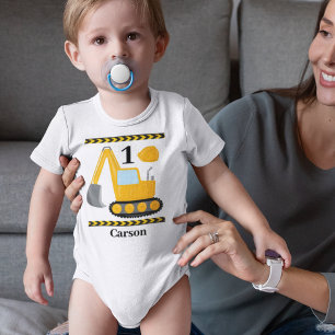 Cool Construction Excavator Custom 1st Birthday Baby Bodysuit