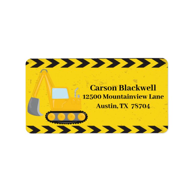 Cool Construction Vehicle Custom Kids Address Label (Front)