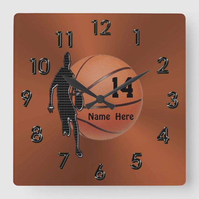 Cool Copper Coloured Personalised Basketball Square Wall Clock (Front)