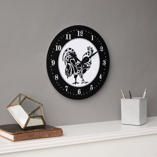 cool Country rooster decor Large Clock (Office)