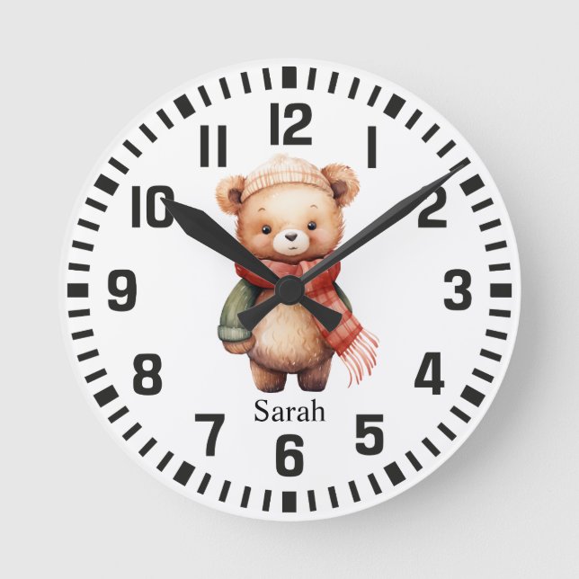 Cool Custom Name Bear with Attire and Hat Round Clock (Front)