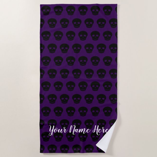 Cool Custom Name Black White Purple Skull Pattern Beach Towel (Front)