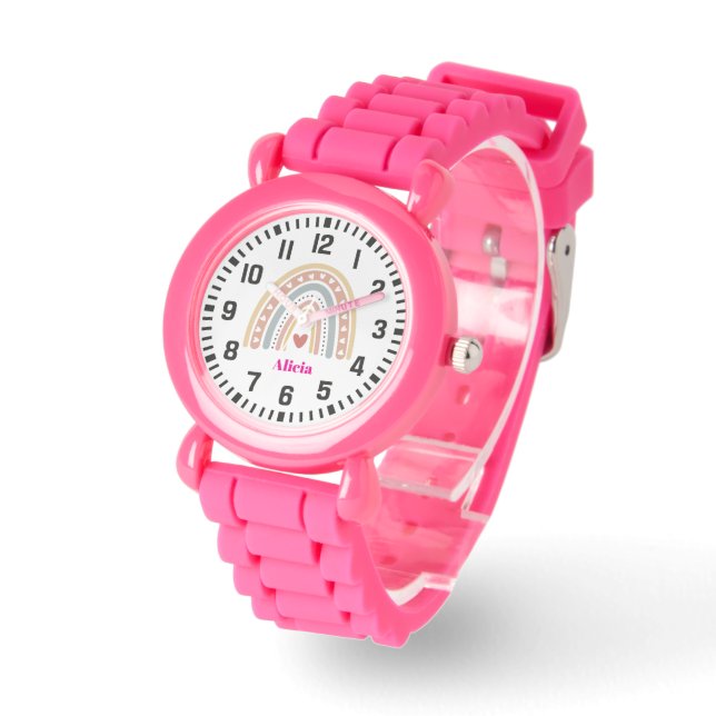 Cool Custom Name Boho Rainbow and Heart Watch (Angle)