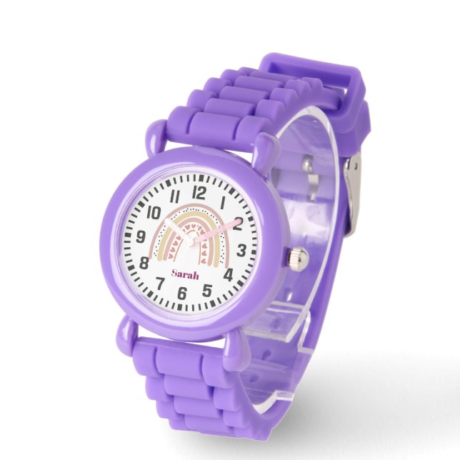 Cool Custom Name Boho Rainbow and Hearts Watch (Angle)