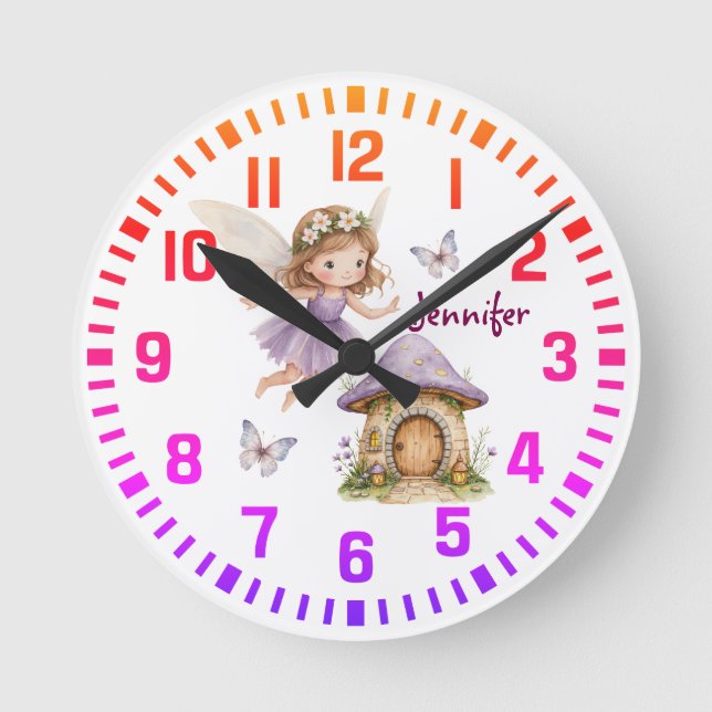 Cool Custom Name Purple Fairy and Butterflies Round Clock (Front)