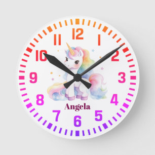 Cool Custom Name Rainbow Unicorn Round Clock