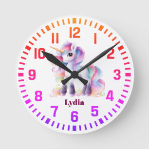 Cool Custom Name Rainbow Unicorn Round Clock