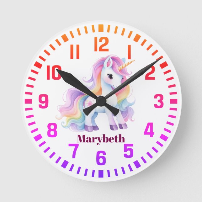 Cool Custom Name Rainbow Unicorn Round Clock (Front)