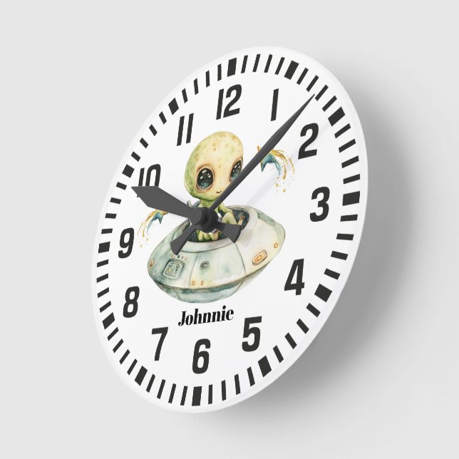 Cool Custom Name Space Alien Round Clock (Angle)