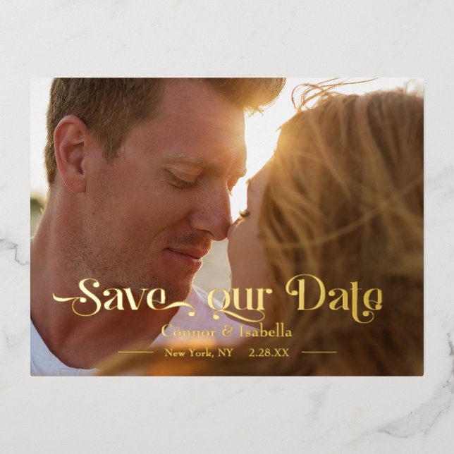 Cool Custom Save the Date Typography Photo Foil Invitation Postcard (Front)