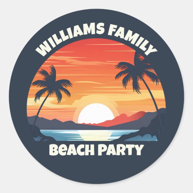Cool Custom Sunrise Palm Trees Beach Party Blue Classic Round Sticker (Front)