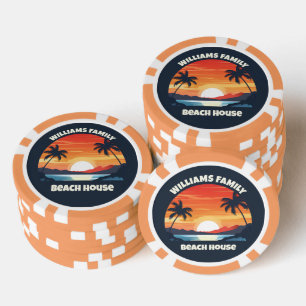 Cool Custom Sunrise Palm Trees Beach Party Blue Poker Chips