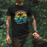 Cool Custom Tropical Beach Trip Palm Trees Black T-Shirt<br><div class="desc">These cool personalised tropical beach sunset t-shirts feature 3 palm trees silhouetted against an orange and blue sky accented with yellow and green at the coast. Customise for great family trip keepsake tees for your coastal getaway this spring break or summer or ocean cruise vacation.</div>