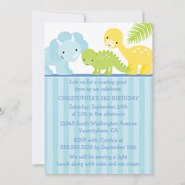 Cool cute boy's dinosaur birthday party invitation (Front)