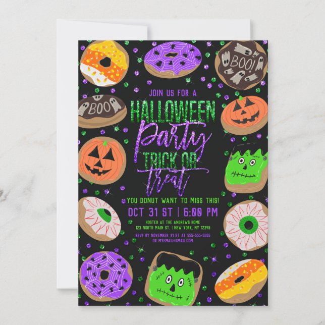 Cool Cute Glitter Confetti Doughnuts Halloween Par Invitation (Front)