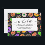 Cool Cute Glitter Confetti Doughnuts Halloween Save The Date<br><div class="desc">This cool and cute Halloween pattern is perfect for a fun and sweet vibe. It features jack o' lantern pumpkin, ghost, spider, candy corn, monster, and eyeball illustration doughnuts on top of faux printed sparkly glitter confetti with a simple black background. The colour scheme includes green, purple, yellow, orange, brown,...</div>