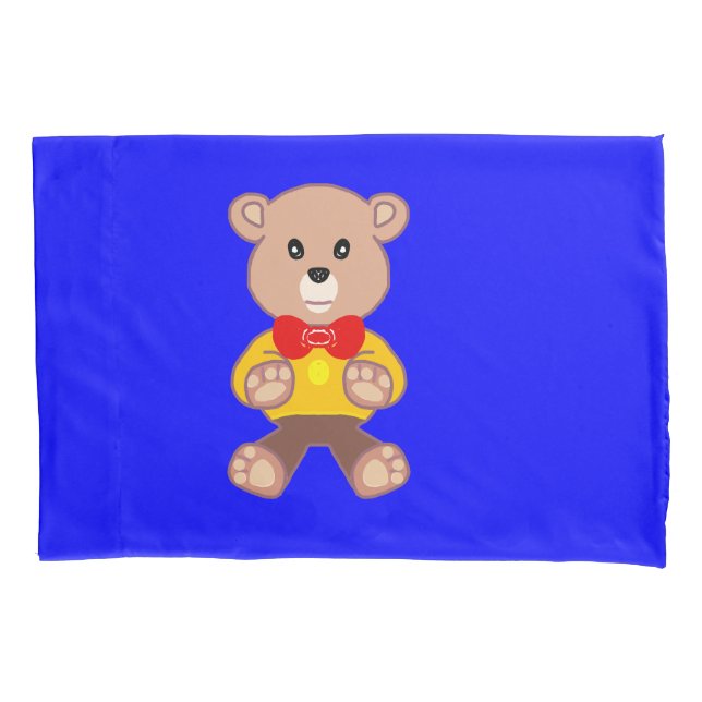 Cool Cute Little Bowtie Teddy Bear on Blue  Pillowcase (Front)