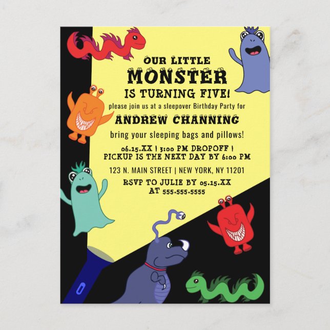Cool Cute Monster Flashlight Sleepover Birthday Invitation Postcard (Front)