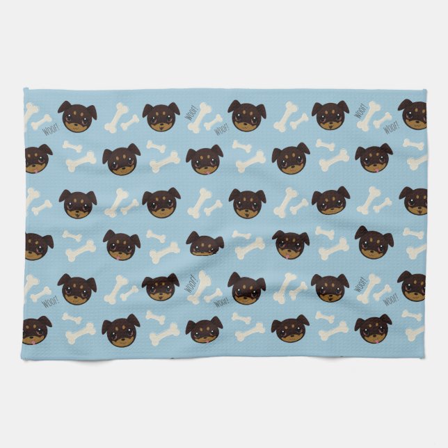 Cool Cute Rottweiler Puppy & Bones Pattern Tea Towel (Horizontal)