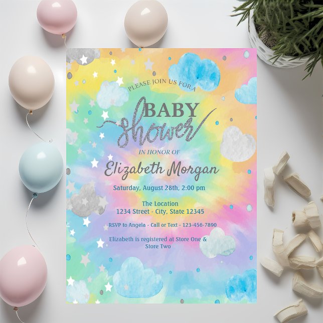 Cool Cute Stars & Clouds Tie Dye Baby Shower  Invitation (Creator Uploaded)