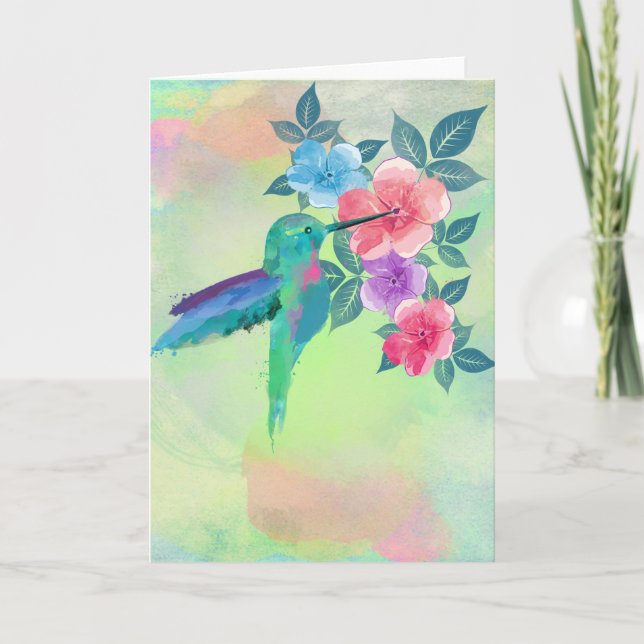 Cool cute trendy  watercolours hummingbird floral card (Front)