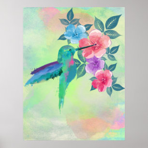 Cool cute vibrant watercolours hummingbird floral poster