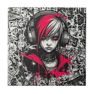 Cool Cyber 2K Urban Emo Girl with Headphones Art Tile