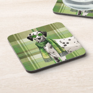 Cool Dalmatian in Sunglasses and Scarf Green Plaid Coaster