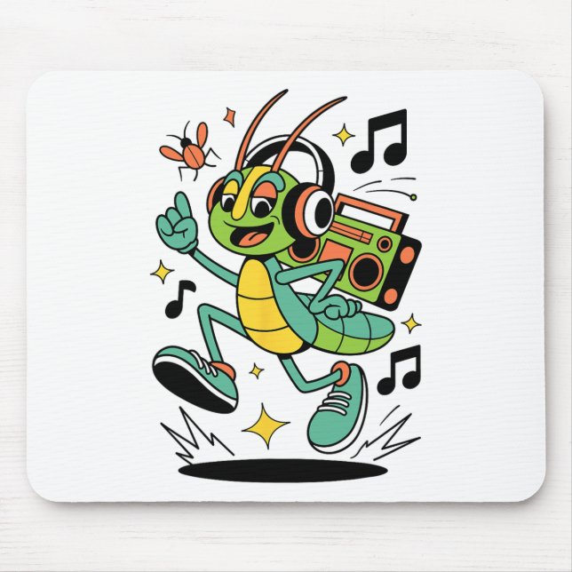 Cool Dancing Cricket With Headphones Retro Style B Mouse Pad (Front)