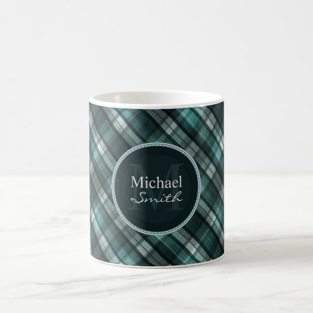 Cool Dark Cyan (Blue Green) Plaid Coffee Mug (Center)