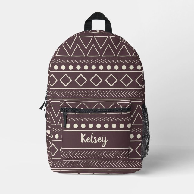 Cool Dark Mudcloth Monogram Name Printed Backpack (Front)
