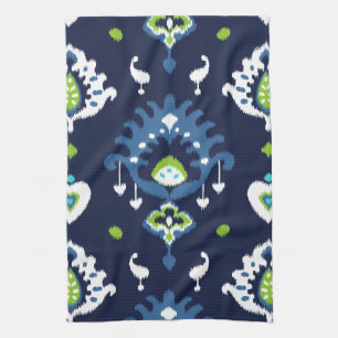 Cool dark navy blue and green tribal ikat print tea towel