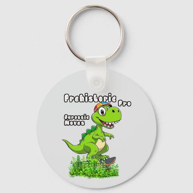Cool Dino on a Skateboard Key Ring (Front)