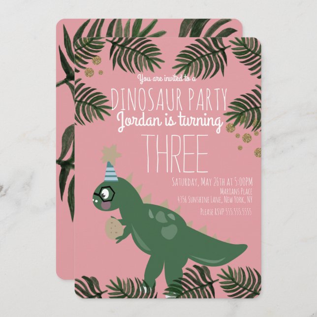 Cool Dinosaur Birthday Party Girl Glitter Confetti Invitation (Front/Back)