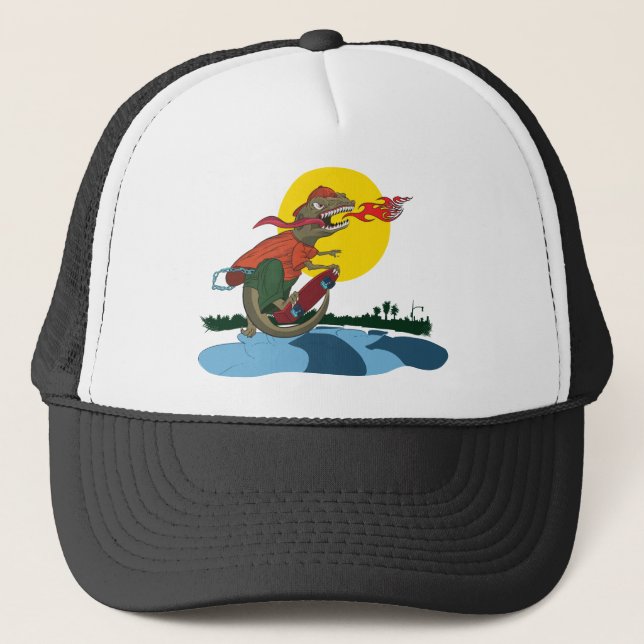 Cool Dinosaur Kid on Skateboard by Rich Patric Trucker Hat (Front)