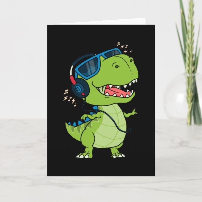 Cool dinosaur listening to music card (Front)