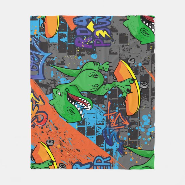 Cool Dinosaur Skateboard Seamless Pattern Fleece Blanket (Front)