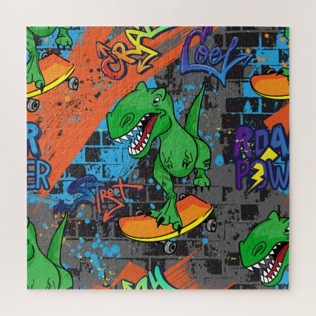 Cool Dinosaur Skateboard Seamless Pattern Jigsaw Puzzle (Vertical)