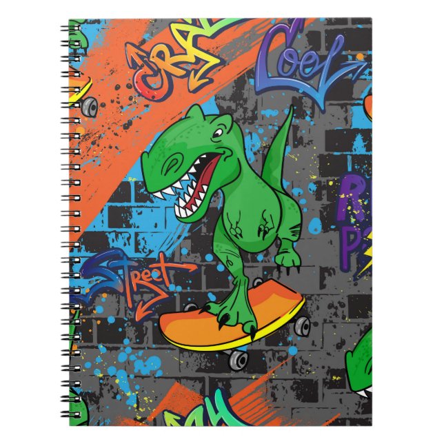 Cool Dinosaur Skateboard Seamless Pattern Notebook (Front)