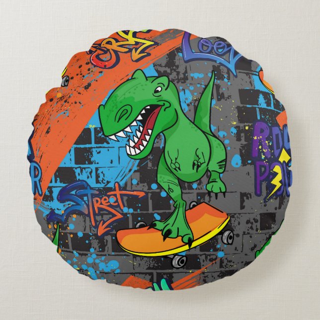 Cool Dinosaur Skateboard Seamless Pattern Round Cushion (Front)