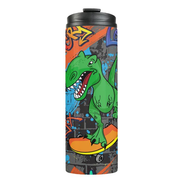Cool Dinosaur Skateboard Seamless Pattern Thermal Tumbler (Front)