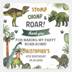 Cool Dinosaurs Jurassic Boy Birthday Party Favor  Square Sticker