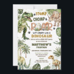 Cool Dinosaurs Jurassic Greenery Roarsome Birthday Invitation<br><div class="desc">Personalise this awesome Dinosaurs birthday party invitation easily and quickly. Simply click the Edit Using Design Tools button to further edit the text, change fonts and fonts colours. Featuring a "Stomp, Chomp & Roar, Let's Party Like a Dinosaur" headline, life-like dinosaurs and Jurassic greenery. Matching items available in store. (c)...</div>