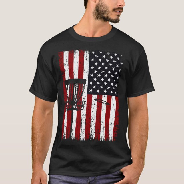 Cool Disc Golf Player Distressed USA American Flag T-Shirt (Front)