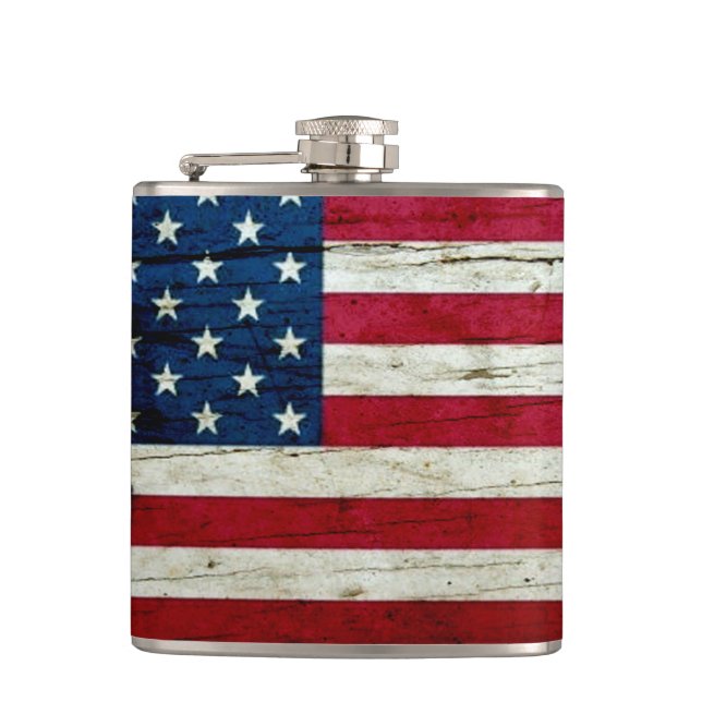Cool Distressed American Flag Wood Rustic Hip Flask (Front)