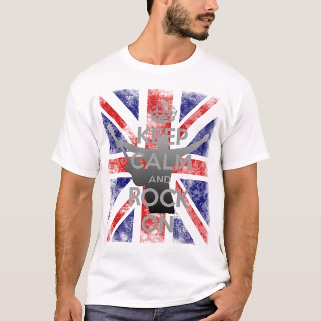 Cool Distressed Keep Calm and Rock On UK Flag T-Shirt (Front)
