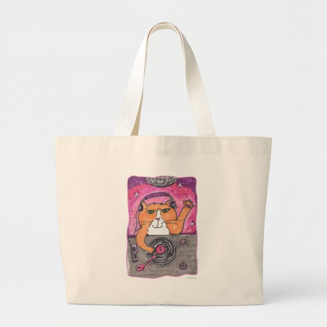 Cool Dj Cat Marker Art Illustration Toon Fun Large Tote Bag (Front)