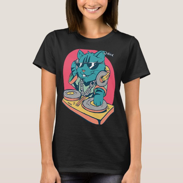 Cool DJ Music Cat T-Shirt (Front)