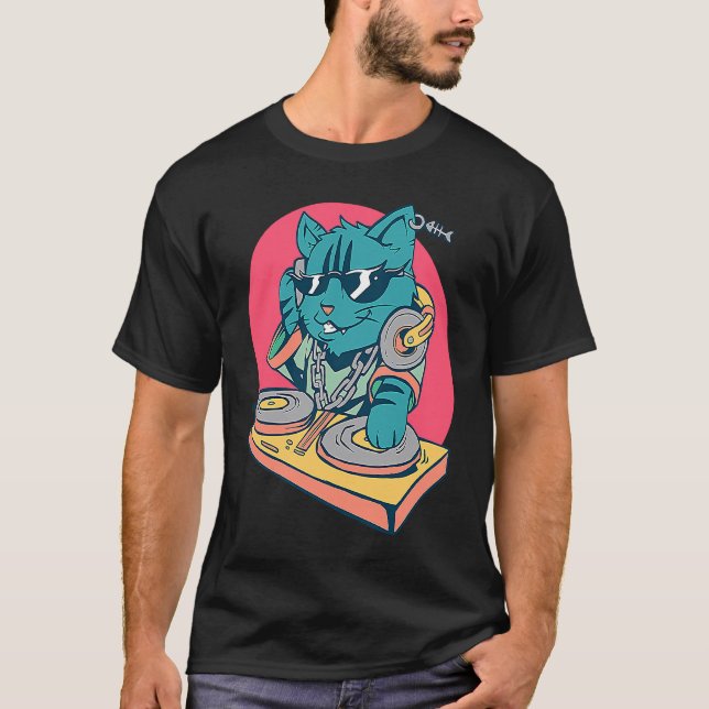 Cool DJ Music Cat T-Shirt (Front)